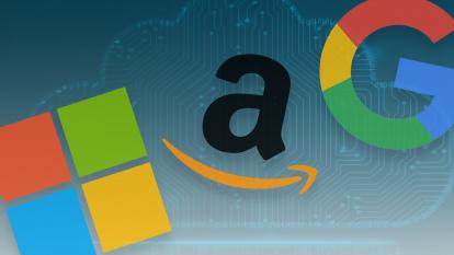 Microsoft, Amazon, Google logos over cloud background