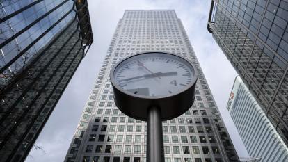 One of the Six Public Clocks, a sculpture by Konstantin Grcic at Nash Court in Reuters Plaza at the base of One Canada Square at the heart of Canary Wharf financial district
