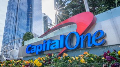 A Capital One logo on a sign outside the company's offices