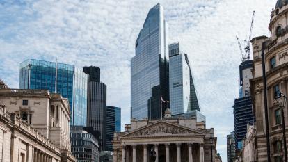 View of the city of London from Bank and Monument with Royal Exchange on foreground and skyscrapers on background