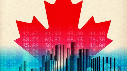 Graphical representation of digital buildings and binary code overlaying the Canadian flag’s maple leaf