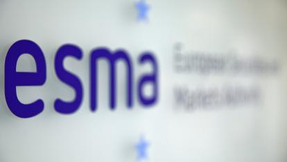 A logo sits on a sign in the lobby of the European Securities and Markets Authority's headquarters in Paris, France