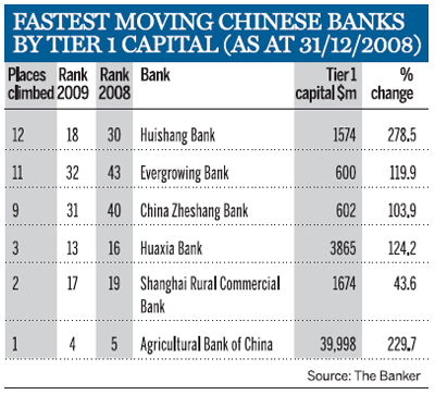 Fastest Moving Chinese Banks by tier 1 capital (as at 31/12/2008)