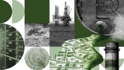 A graphic displaying an oil rig, an oil drum leaking banknotes, a powerplant chimney and other climate-related images
