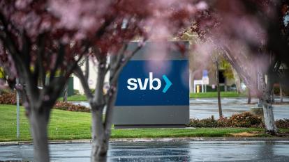 The SVB logo on a sign, seen through blossom trees