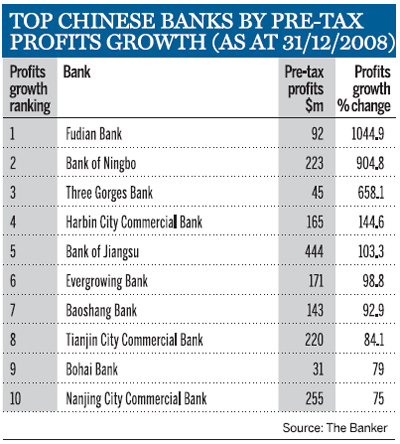 Top Chinese Banks by pre-tax profits growth (as at 31/12/2008)