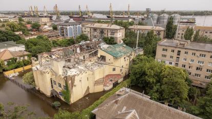 A flooded and destroyed building in Ukraine