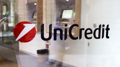 The Unicredit logo on a bank branch window