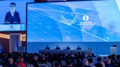 EBRD president Odile Renaud-Basso addresses the bank's annual meeting in Samarkand