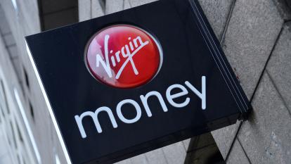 A logo at a branch of Virgin Money bank is seen in London