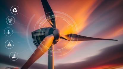 A wind turbine and icons for sustainability metrics