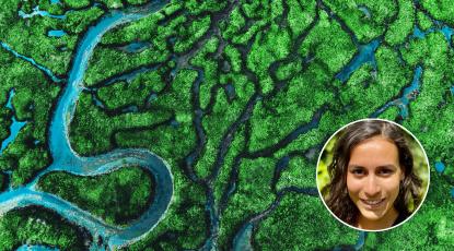 An aerial view of a meandering river and tributaries in a lush environment, with an inset image of author Katie Kedward.