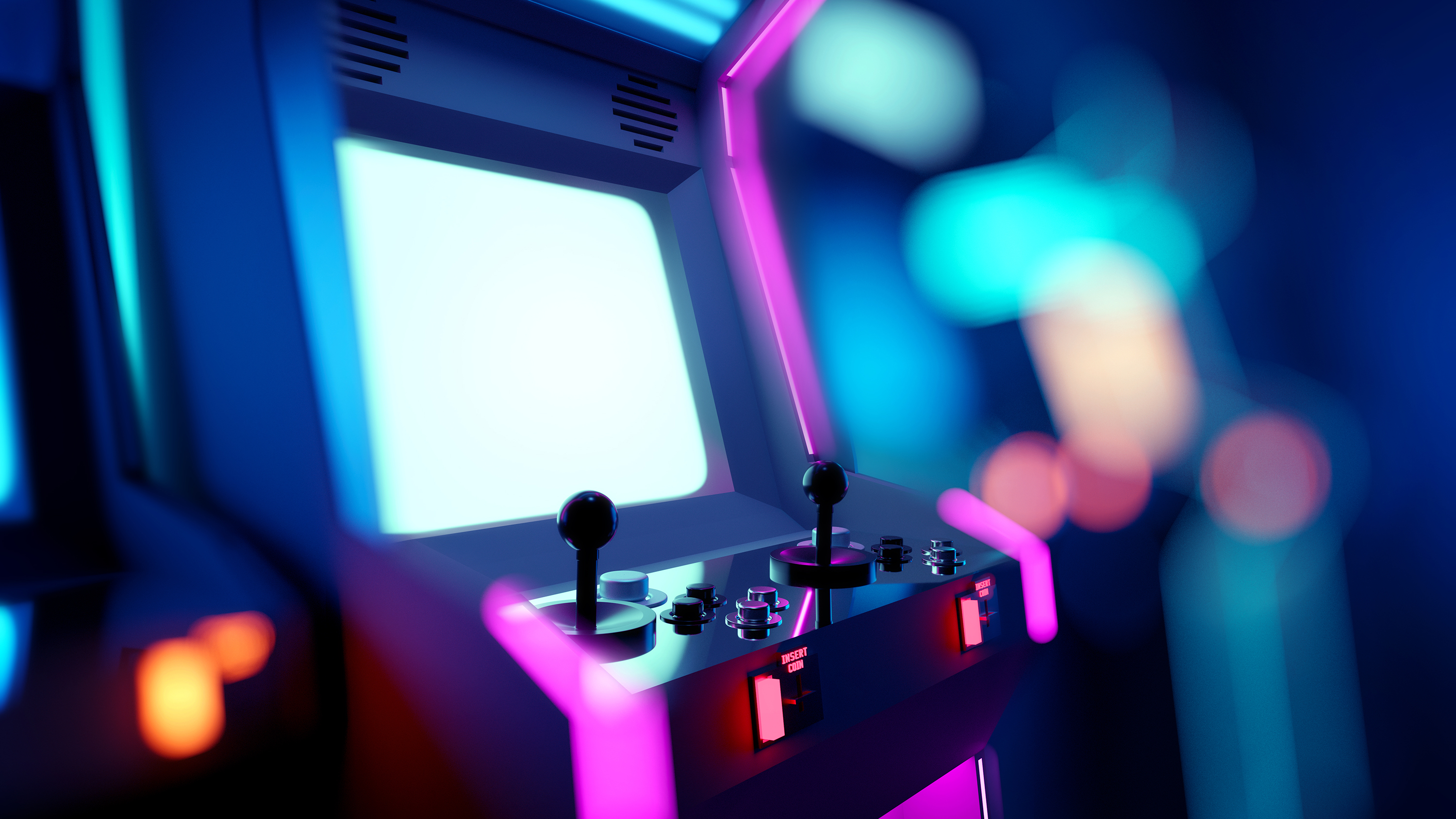 A neon-lit arcade machine