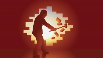 Graphical representation of a man smashing a hole in a wall with a hammer