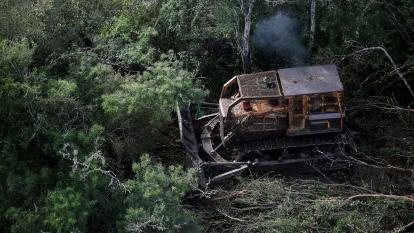 A bulldozer removes trees from a forested area near Las Lomitas, in Formosa, Argentina