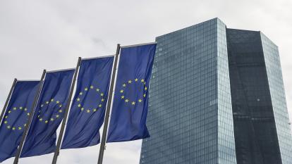 European Union flags outside the headquarters of the European Central Bank in Frankfurt, Germany