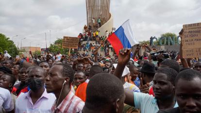 Protesters chant slogans at a rally against sanctions imposed by Ecowas and in support of the junta in Niamey, Niger