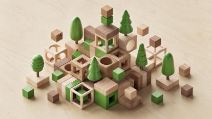 An abstract image of wooden blocks stacked up on which are wooden trees.