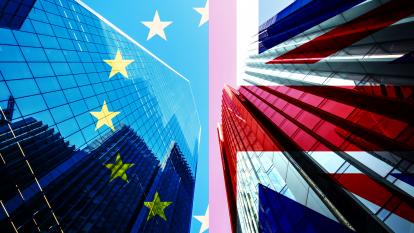 Concept piece containing a City of London Skyscraper scene with the Union Jack and EU Flag overlaid