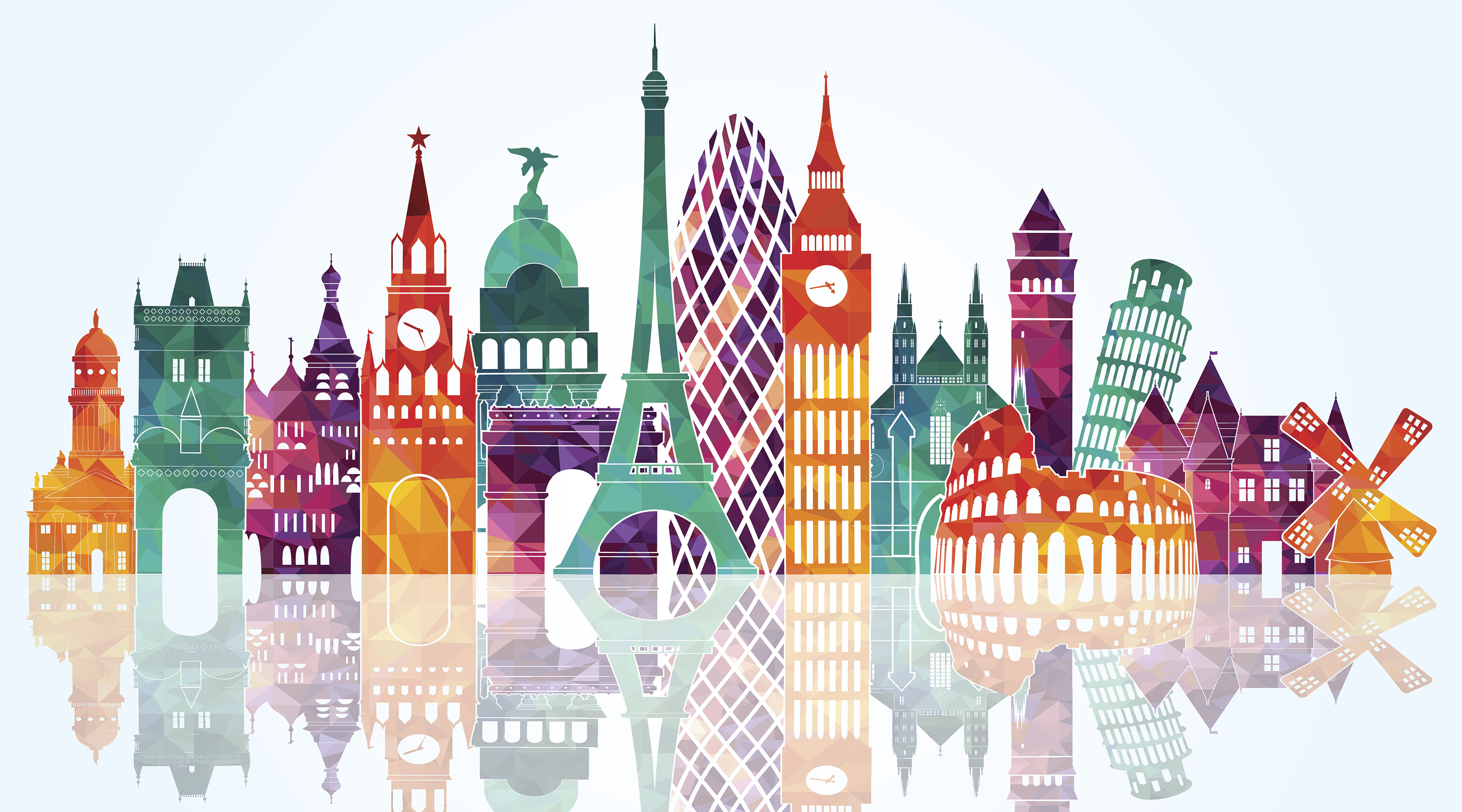 A cartoon representation of a cityscape filled with famous buildings from across Europe