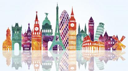 A cartoon representation of a cityscape filled with famous buildings from across Europe