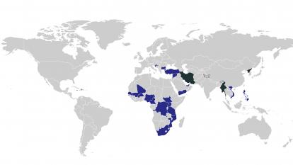 A world map showing the countries that appear on FATF’s grey and black lists