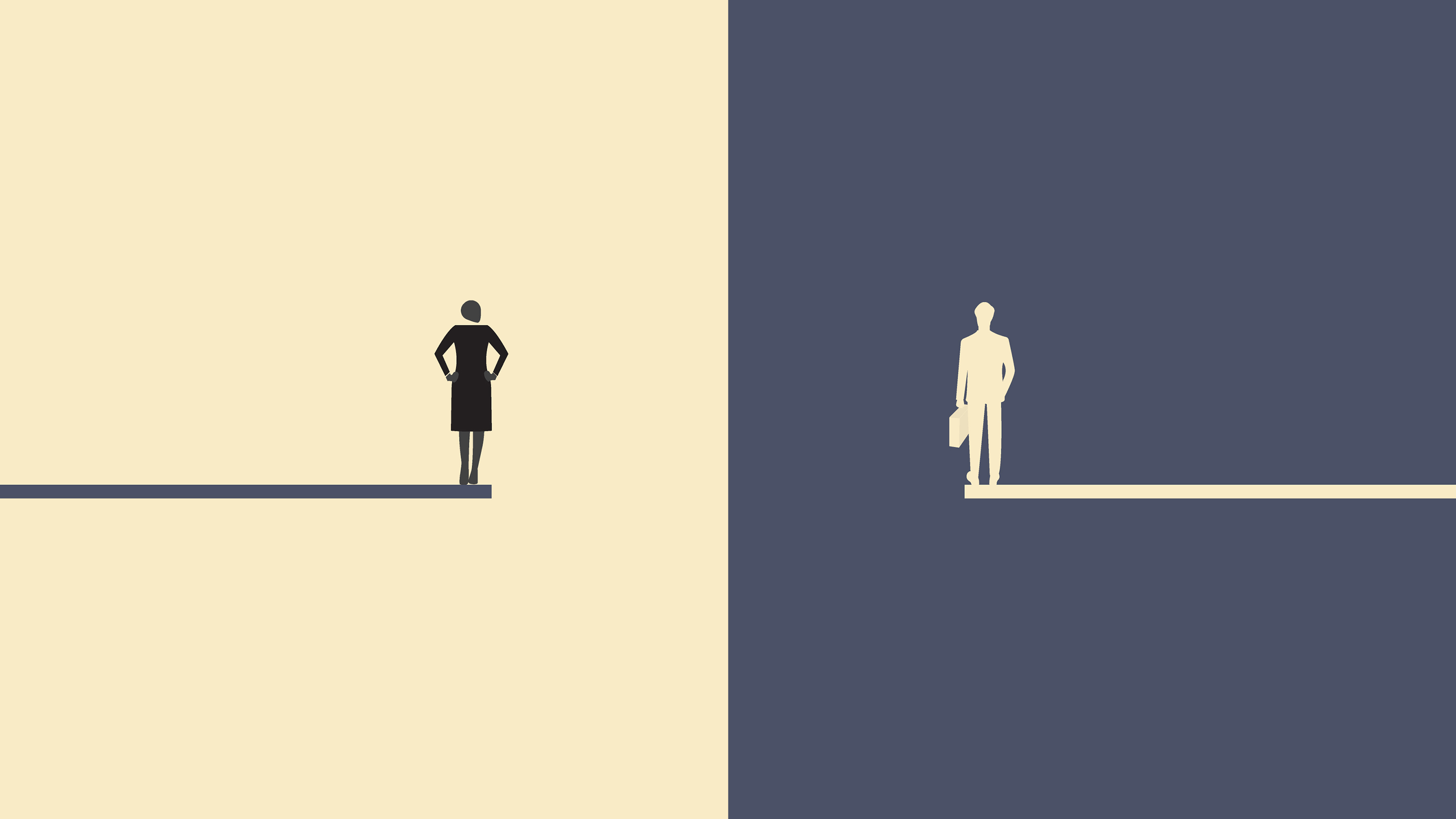 Silhouettes of a businessman and woman stand on contrasting colours