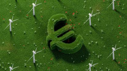 A euro symbol made of vegetation, surrounded by wind turbines