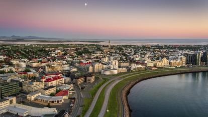 Dusk or dawn cityscape of Reykjavik