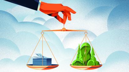 Cartoon graphic of hand holding scales, balancing bushes and trees with currency
