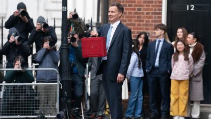 Chancellor of the Exchequer, Jeremy Hunt, is seen outside 11 Downing Street with his ministerial box before delivering his Budget in the Houses of Parliament