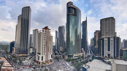 A cityscape view of the financial Makati district in Manila, Philippines.