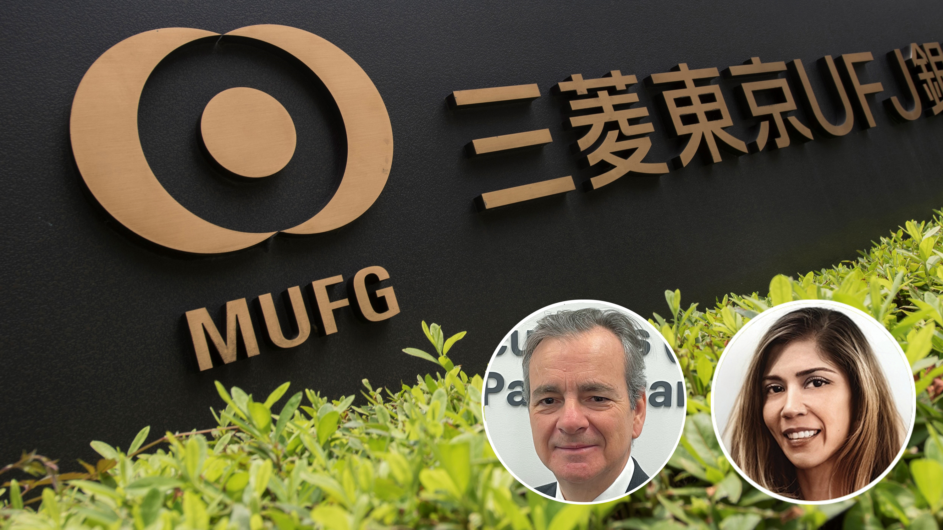 A sign with the MUFG logo, and inset portraits of Fabianna Del Canto and Antoine Baudron.