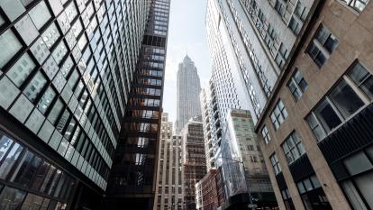 A low angle view of skyscrapers in Manhattan’s downtown financial district