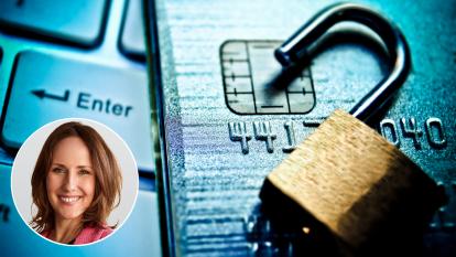 A close-up of a keybaord, with a credit card and padlock, with an inset portrait of Jennifer Barker, CEO of treasury services at BNY Mellon.