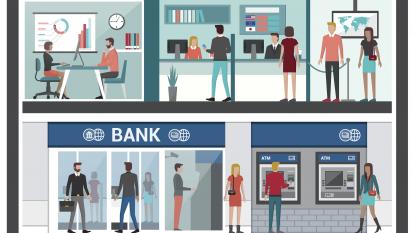 Cartoon graphic of a retail bank cross-section 