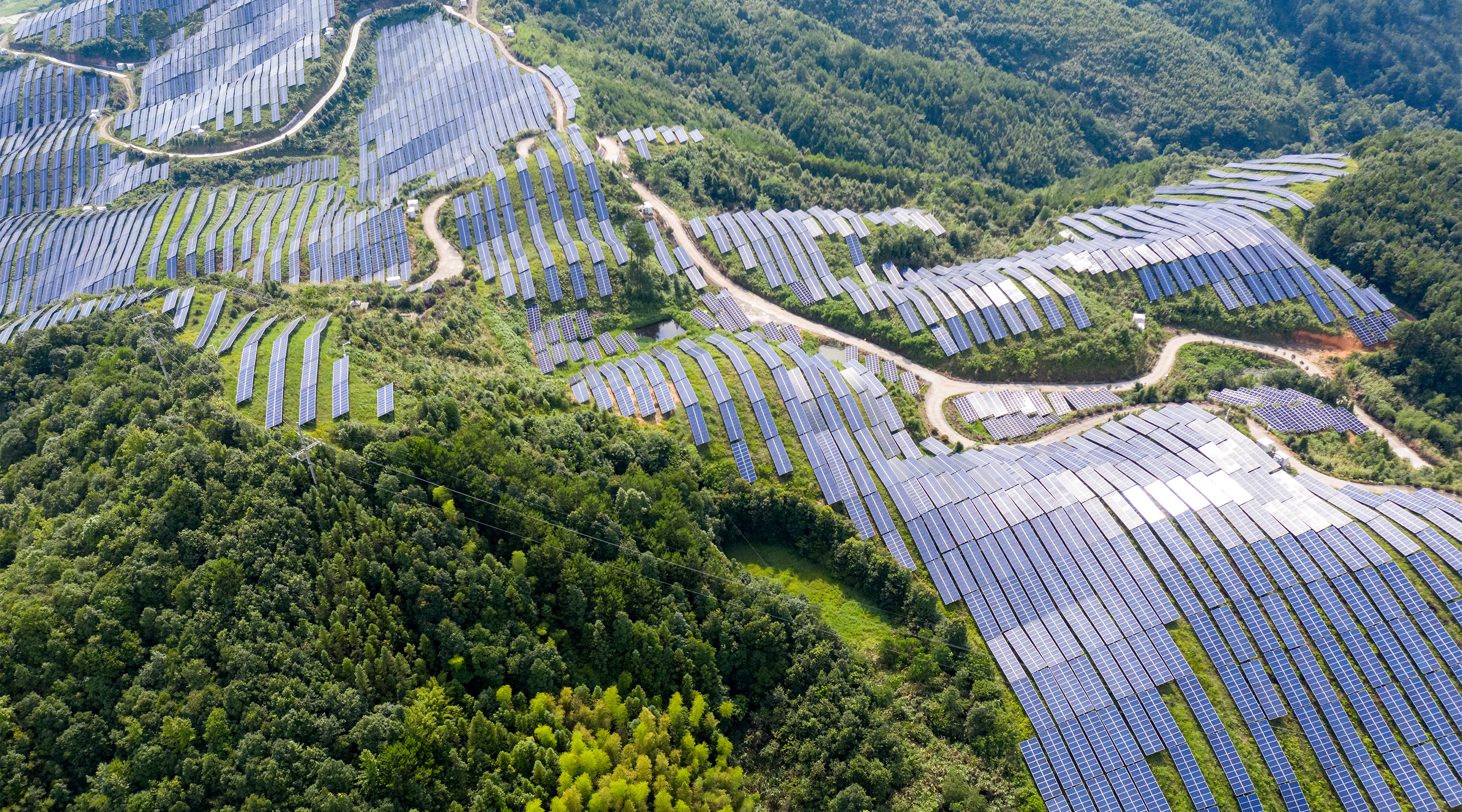 A large array of solar panels amongst forests spanning a hill