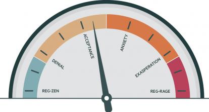 A gauge showing levels of frustration, with the needle pointed at 'acceptance'
