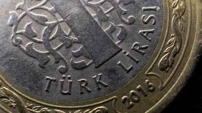 An extreme close-up of a Turkish Lira coin.