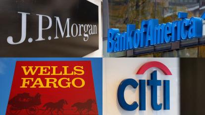 Logos of US banks JPMorgan, Bank of America, Citi and Wells Fargo
