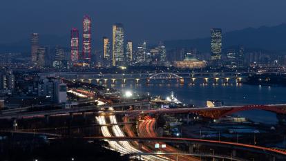 Highways and commercial buildings illuminated in the Yeouido financial district in Seoul, South Korea